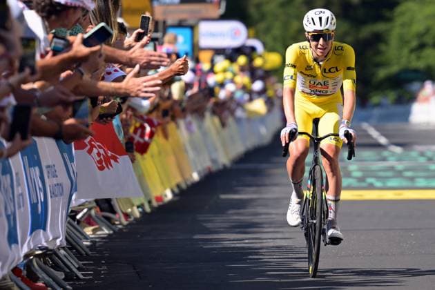 Slovenian Tadej Pogacar of UAE Team Emirates XRG crosses the finish line of the stage 10 of the 2026 Tour de France cycling race, a stage of 167km from Aurillac to Le Lioran, on Tuesday 14 July 2026. The 113th edition of the Tour de France starts on Saturday 4 July in Barcelona, Spain, and will finish in Paris, France on the 26th of July. DAVIDxPINTENS  x181132831x