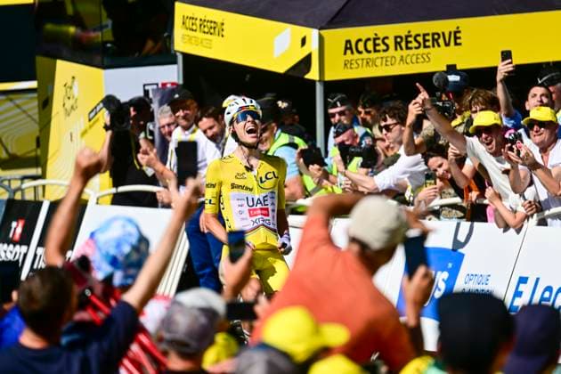 Tour de France 2026 Stage 10 LE LIORAN, FRANCE - JULY 14 : Pogacar Tadej (SLO) of UAE Team Emirates XRG celebrating his victory during stage 10 of the 113rd edition of Tour de France an UCI World Tour 2.UWT cycling road race stage for Men Elite of 167 km with start in Aurillac and finish in Le Lioran on July 14, 2026 in Le Lioran, France, 14 07 2026 Le Lioran France  Copyright: xPeterxDexVoechtx