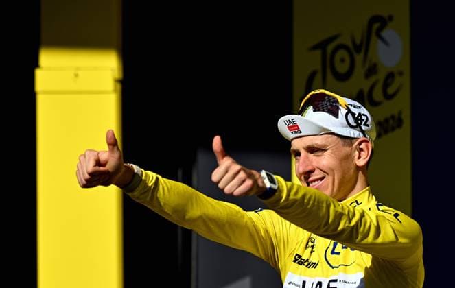 Slovenian Tadej Pogacar of UAE Team Emirates-XRG and pictured on the podium after winning the stage 10 of the 2026 Tour de France cycling race, a stage of 167km from Aurillac to Le Lioran, on Tuesday 14 July 2026. The 113th edition of the Tour de France starts on Saturday 4 July in Barcelona, Spain, and will finish in Paris, France on the 26th of July. JASPERxJACOBS  x181133850x