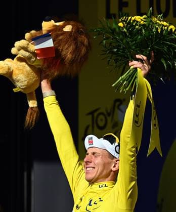 Slovenian Tadej Pogacar of UAE Team Emirates-XRG and pictured on the podium after winning the stage 10 of the 2026 Tour de France cycling race, a stage of 167km from Aurillac to Le Lioran, on Tuesday 14 July 2026. The 113th edition of the Tour de France starts on Saturday 4 July in Barcelona, Spain, and will finish in Paris, France on the 26th of July. JASPERxJACOBS  x181133854x