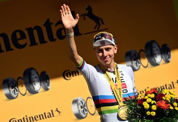 Slovenian Tadej Pogacar of UAE Team Emirates-XRG and pictured on the podium after winning the stage 10 of the 2026 Tour de France cycling race, a stage of 167km from Aurillac to Le Lioran, on Tuesday 14 July 2026. The 113th edition of the Tour de France starts on Saturday 4 July in Barcelona, Spain, and will finish in Paris, France on the 26th of July. JASPERxJACOBS  x181134275x