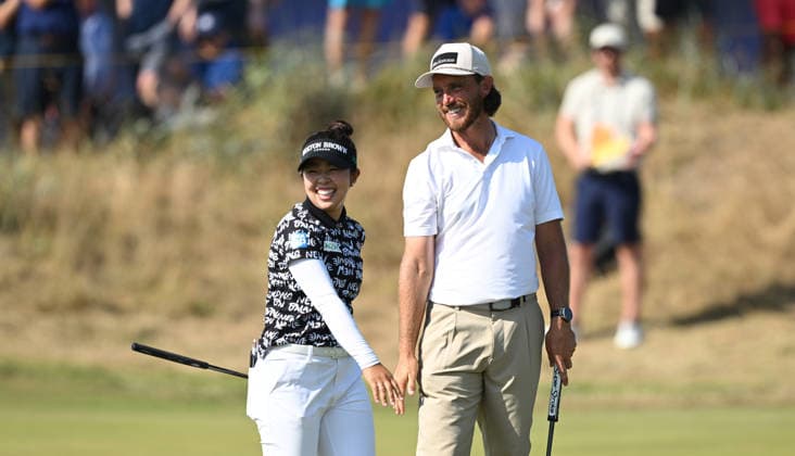 Miyu Yamashita of Japan High fives Tommy Fleetwood (ENG) in the Hero challenge 154th Open Golf Championships, Royal Birkdale, Southport, UK - 14 Jul 2026Southport Royal Birkdale United Kingdom  Copyright: xGreigxCowie Shutterstockx 16988289eh