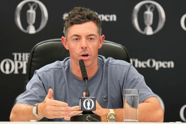 SOUTHPORT, ENGLAND - JULY 14: Rory McIlroy (NIR) speaks to the press during practice at the 154th Open Championship at the Royal Birkdale, Southport on July 14, 2026 in Merseyside, England The 154th British Open Championship