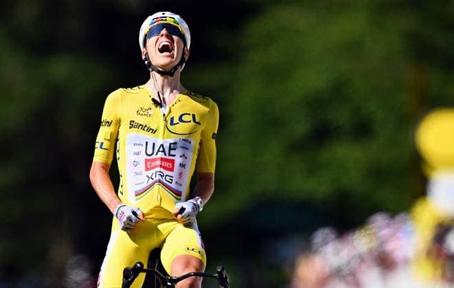 Slovenian Tadej Pogacar of UAE Team Emirates XRG celebrates after winning the stage 10 of the 2026 Tour de France cycling race, a stage of 167km from Aurillac to Le Lioran, on Tuesday 14 July 2026. The 113th edition of the Tour de France starts on Saturday 4 July in Barcelona, Spain, and will finish in Paris, France on the 26th of July. JASPERxJACOBS  x181136402x