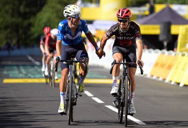 Spanish Javier Romo Oliver of Movistar Team and French Julian Alaphilippe of Tudor Pro Cycling Team crosses the finish line of the stage 10 of the 2026 Tour de France cycling race, a stage of 167km from Aurillac to Le Lioran, on Tuesday 14 July 2026. The 113th edition of the Tour de France starts on Saturday 4 July in Barcelona, Spain, and will finish in Paris, France on the 26th of July. POOLxLUCAxBETTINI  x181136545x