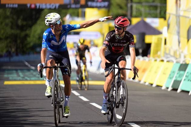 Spanish Javier Romo Oliver of Movistar Team and French Julian Alaphilippe of Tudor Pro Cycling Team crosses the finish line of the stage 10 of the 2026 Tour de France cycling race, a stage of 167km from Aurillac to Le Lioran, on Tuesday 14 July 2026. The 113th edition of the Tour de France starts on Saturday 4 July in Barcelona, Spain, and will finish in Paris, France on the 26th of July. POOLxLUCAxBETTINI  x181136546x