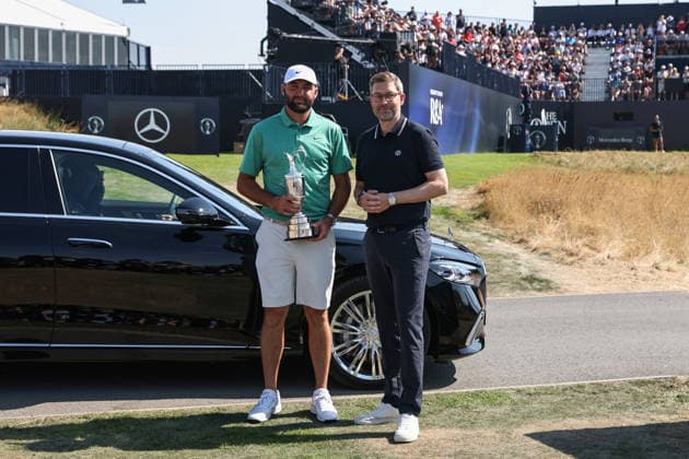 RECORD DATE NOT STATED 14th July 2026; Royal Birkdale Golf Club, Southport, Merseyside, England; The Open Championship Practice Day Three; Scottie Scheffler (USA) returns the Claret Jug trophy to Mark Darbon, CEO of the R and A DavidxBlunsden