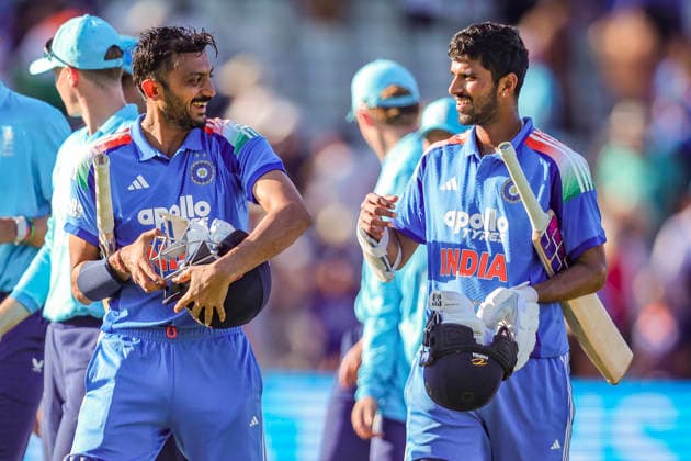 IND vs ENG, 1st ODI Birmingham England , Jul 14 (ANI): India s Axar Patel and Washington Sundar celebrate the win over England in the 1st ODI, at Edgbaston stadium in Birmingham on Tuesday. Birmingham England Copyright: xANIx ANI_20260714547