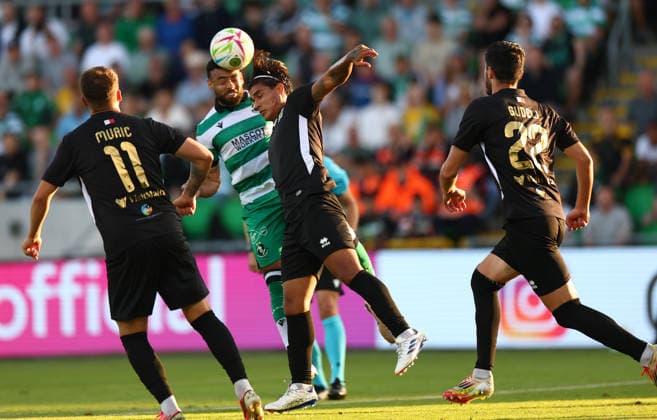 UEFA Champions League First Qualifying Round Second Leg, Tallaght Stadium, Dublin 14 7 2026 Shamrock Rovers vs Floriana Rover™s Jake Mulraney and Federico Varela of Floriana Jake Mulraney and Federico Varela 14 7 2026  Copyright: xx JFD11227