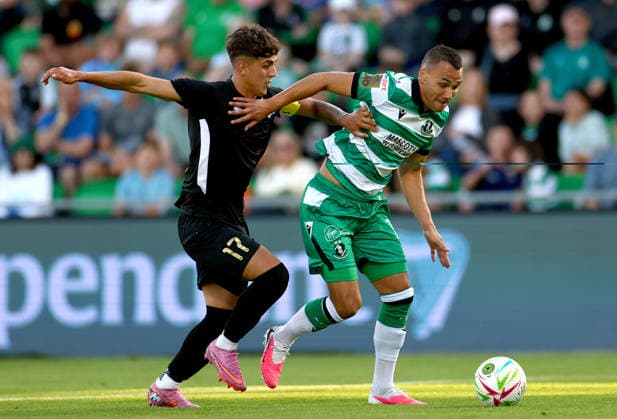 UEFA Champions League First Qualifying Round Second Leg, Tallaght Stadium, Dublin 14 7 2026 Shamrock Rovers vs Floriana Floriana™s Owen Spiteri and Graham Burke of Rover Owen Spiteri and Graham Burke 14 7 2026  Copyright: xx JFD10095