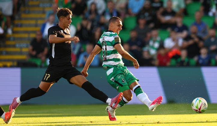 UEFA Champions League First Qualifying Round Second Leg, Tallaght Stadium, Dublin 14 7 2026 Shamrock Rovers vs Floriana Floriana™s Owen Spiteri and Graham Burke of Rover Owen Spiteri and Graham Burke 14 7 2026  Copyright: xx JFD10149