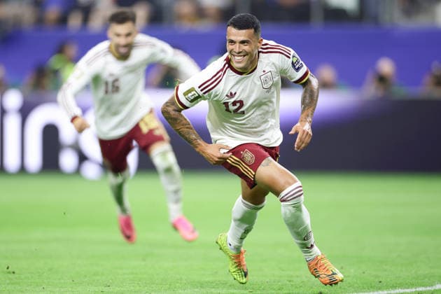 Pedro Porro of Spain celebrates a goal during a 2026 FIFA World Cup, WM, Weltmeisterschaft, Fussball semifinal match between France and Spain at AT&T stadium in Arlington, United States, 14 July 2026. FIFA World Cup 2026 Semifinal: France - Spain !ACHTUNG: NUR REDAKTIONELLE NUTZUNG!  Copyright: xCarlosxRamírezx GR2104 20260714-55020894181_1