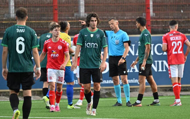 UEFA Champions League First Qualifying Round Second Leg, Inver Park, Belfast, Northern Ireland 14 7 2026 Larne vs Tre Fiori Tre Fiori™s Simone Rea gets sent off Simone Rea gets sent off 14 7 2026  Copyright: xStephenxHamilton Inphox Larne v Tre Fiori-036