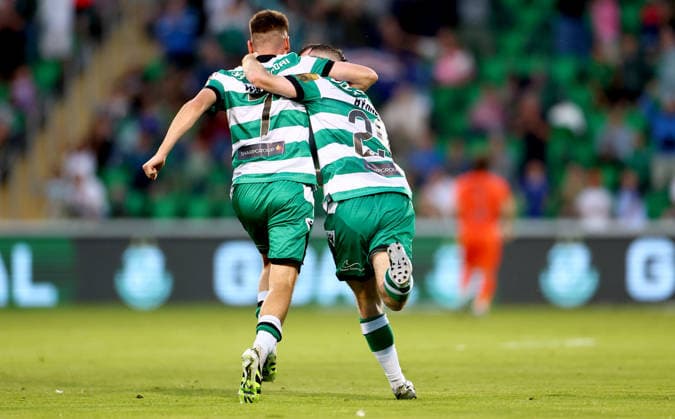 UEFA Champions League First Qualifying Round Second Leg, Tallaght Stadium, Dublin 14 7 2026 Shamrock Rovers vs Floriana Rovers™ Dylan Watts celebrates with goalscorer Jack Byrne Dylan Watts celebrates with goalscorer Jack Byrne 14 7 2026  Copyright: xx JFD13509