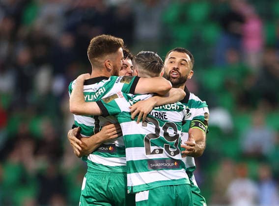 UEFA Champions League First Qualifying Round Second Leg, Tallaght Stadium, Dublin 14 7 2026 Shamrock Rovers vs Floriana Rovers™ Dylan Watts, Roberto Lopes and Cory O Sullivan celebrate with goalscorer Jack Byrne after he scored his sides fifth goal Dylan Watts, Roberto Lopes and Cory O Sullivan celebrate with goalscorer Jack Byrne after he scored his sides fifth goal 14 7 2026  Copyright: xx JFD13609