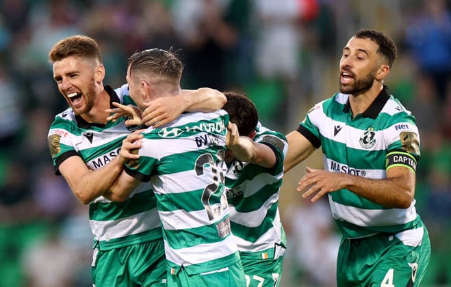 UEFA Champions League First Qualifying Round Second Leg, Tallaght Stadium, Dublin 14 7 2026 Shamrock Rovers vs Floriana Rovers™ Dylan Watts, Roberto Lopes and Cory O Sullivan celebrate with goalscorer Jack Byrne after he scored his sides fifth goal Dylan Watts, Roberto Lopes and Cory O Sullivan celebrate with goalscorer Jack Byrne after he scored his sides fifth goal 14 7 2026  Copyright: xx JFD13686