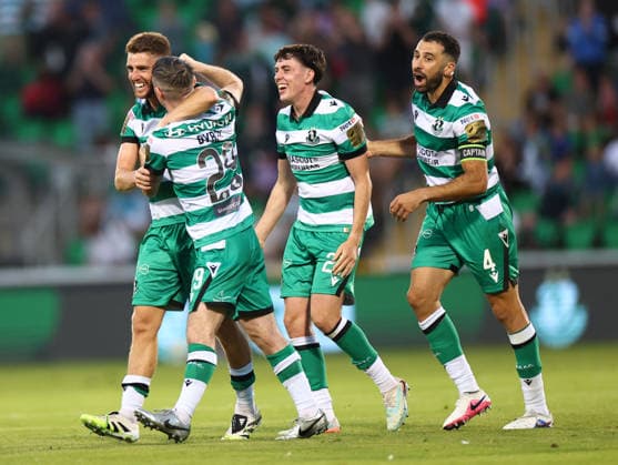 UEFA Champions League First Qualifying Round Second Leg, Tallaght Stadium, Dublin 14 7 2026 Shamrock Rovers vs Floriana Rovers™ Dylan Watts, Roberto Lopes and Cory O Sullivan celebrate with goalscorer Jack Byrne after he scored his sides fifth goal Dylan Watts, Roberto Lopes and Cory O Sullivan celebrate with goalscorer Jack Byrne after he scored his sides fifth goal 14 7 2026  Copyright: xx JFD13705