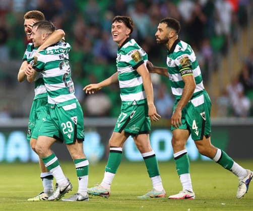 UEFA Champions League First Qualifying Round Second Leg, Tallaght Stadium, Dublin 14 7 2026 Shamrock Rovers vs Floriana Rovers™ Dylan Watts, Roberto Lopes and Cory O Sullivan celebrate with goalscorer Jack Byrne after he scored his sides fifth goal Dylan Watts, Roberto Lopes and Cory O Sullivan celebrate with goalscorer Jack Byrne after he scored his sides fifth goal 14 7 2026  Copyright: xx JFD13717