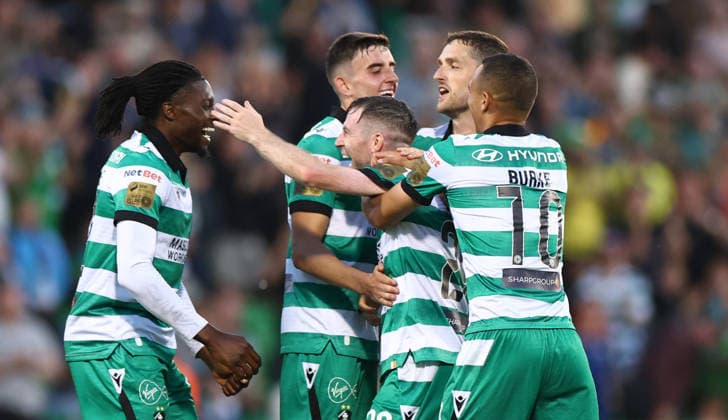 UEFA Champions League First Qualifying Round Second Leg, Tallaght Stadium, Dublin 14 7 2026 Shamrock Rovers vs Floriana Rovers™ goalscorer Jack Byrne celebrates with Jonathan Afolabi Jack Byrne celebrates with Jonathan Afolabi 14 7 2026  Copyright: xx JFD13779