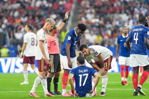 William Saliba of France reacts to an injury during a FIFA Men’s World Cup 2026 semi-final football match between France and Spain at Dallas Stadium, in Arlington on July 14th 2026 (Photo by LVDIDI SPP)  Copyright: xLVDIDI SPPx Sportspressphoto_SPR190705