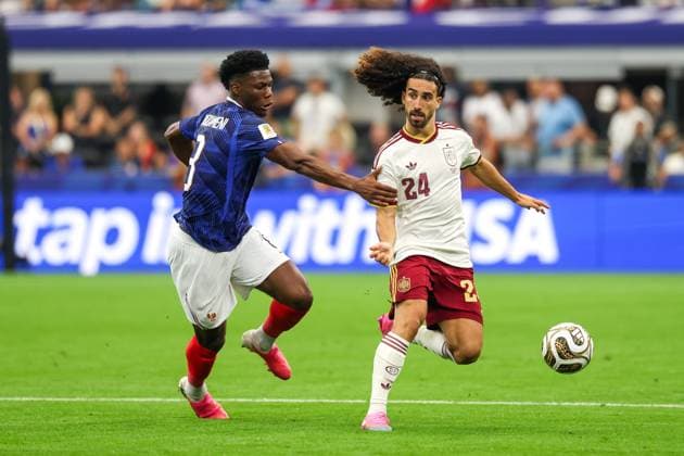 RECORD DATE NOT STATED FIFA World Cup, WM, Weltmeisterschaft, Fussball 2026 - Semifinal - France v Spain Marc Cucurella player of Spain and Lucas Digne player of France during the FIFA World Cup semifinal match between France and Spain, at Dallas Stadium, in Texas, United States, on Tuesday, July 14, 2026.(Foto: Vanessa Carvalho Brazil Photo Press IMAGO) Sports Copyright: xVanessaxCarvalhox