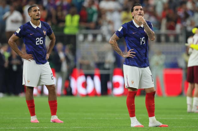 France v Spain: Semi Final - FIFA World Cup, WM, Weltmeisterschaft, Fussball 2026 Maxence Lacroix and Theo Hernandez of France look dejected after the FIFA World Cup 2026 Semi Final match between France and Spain at Dallas Stadium on July 14, 2026 in Arlington, United States. Arlington Dallas Stadium TX United States Copyright: xAllstarxPicturexLibraryxLtdx
