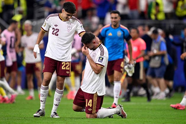 2026-07-14 France v Spain - Semi Final - FIFA World Cup, WM, Weltmeisterschaft, Fussball 2026 ARLINGTON, UNITED STATES - JULY 14: Pau Cubarsi of Spain, Aymeric Laporte of Spain celebrating their sides victory during the Semi Final - FIFA World Cup 2026 match between France and Spain at Dallas Stadium on July 14, 2026 in Arlington, Texas. (Photo by Pablo Morano BSR Agency) Arlington United States Content not available for redistribution in The Netherlands directly or indirectly through any third parties. Copyright: xBSRxAgencyx
