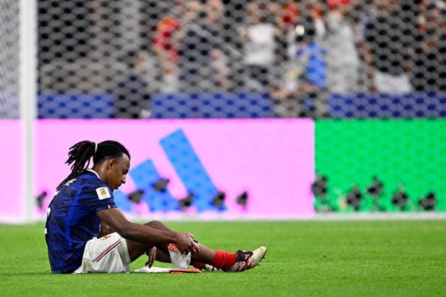 2026-07-14 France v Spain - Semi Final - FIFA World Cup, WM, Weltmeisterschaft, Fussball 2026 ARLINGTON, UNITED STATES - JULY 14: Jules Kounde of France looks dejected during the Semi Final - FIFA World Cup 2026 match between France and Spain at Dallas Stadium on July 14, 2026 in Arlington, Texas. (Photo by Pablo Morano BSR Agency) Arlington United States Content not available for redistribution in The Netherlands directly or indirectly through any third parties. Copyright: xBSRxAgencyx