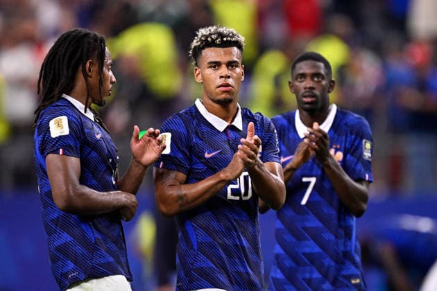 2026-07-14 France v Spain - Semi Final - FIFA World Cup, WM, Weltmeisterschaft, Fussball 2026 ARLINGTON, UNITED STATES - JULY 14: Jules Kounde of France, Desire Doue of France, Ousmane Dembele of France looks dejected during the Semi Final - FIFA World Cup 2026 match between France and Spain at Dallas Stadium on July 14, 2026 in Arlington, Texas. (Photo by Pablo Morano BSR Agency) Arlington United States Content not available for redistribution in The Netherlands directly or indirectly through any third parties. Copyright: xBSRxAgencyx