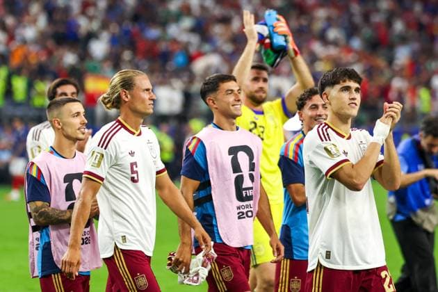 RECORD DATE NOT STATED FIFA World Cup, WM, Weltmeisterschaft, Fussball 2026 - Semifinal - France v Spain Spain s players celebrate qualifying for the FIFA World Cup final after a 2 0 victory over France at Dallas Stadium, in Texas, United States, on Tuesday, July 14, 2026.(Foto: Vanessa Carvalho Brazil Photo Press IMAGO) Sports Copyright: xVanessaxCarvalhox