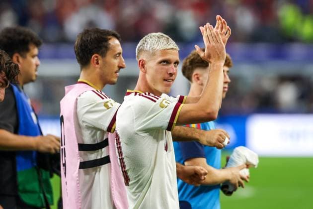 RECORD DATE NOT STATED FIFA World Cup, WM, Weltmeisterschaft, Fussball 2026 - Semifinal - France v Spain Dani Olmo player of Spain celebrates qualifying for the FIFA World Cup final after a 2 0 victory over France at Dallas Stadium, in Texas, United States, on Tuesday, July 14, 2026.(Foto: Vanessa Carvalho Brazil Photo Press IMAGO) Sports Copyright: xVanessaxCarvalhox