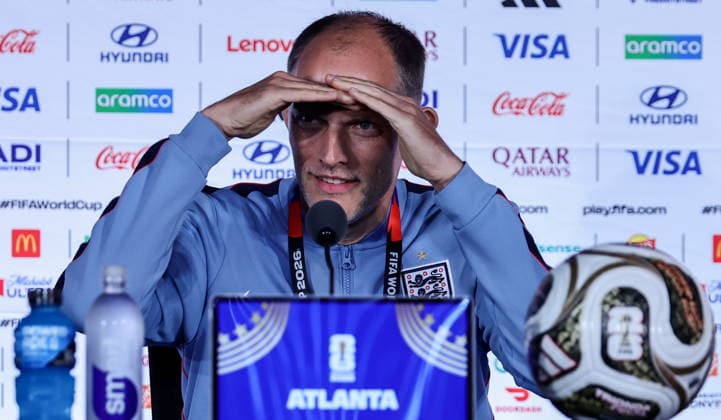 FIFA World Cup, WM, Weltmeisterschaft, Fussball 2026 - England press conference, PK, Pressekonferenz England™s head coach Thomas Tuchel attends a press conference in Atlanta, Georgia, USA, 14 July 2026. England will face Argentina on 15 July in thier FIFA World Cup 2026 semi final match. Atlanta United States  Copyright: xRONALDxWITTEKx