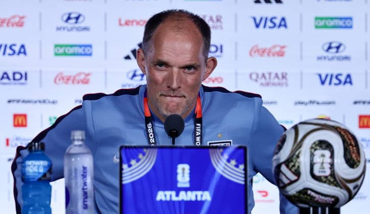 FIFA World Cup, WM, Weltmeisterschaft, Fussball 2026 - England press conference, PK, Pressekonferenz England™s head coach Thomas Tuchel gives a press conference in Atlanta, Georgia, USA, 14 July 2026. England will face Argentina on 15 July in thier FIFA World Cup 2026 semi final match. Atlanta United States  Copyright: xRONALDxWITTEKx