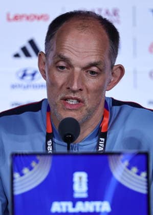 FIFA World Cup, WM, Weltmeisterschaft, Fussball 2026 - England press conference, PK, Pressekonferenz England™s head coach Thomas Tuchel gives a press conference in Atlanta, Georgia, USA, 14 July 2026. England will face Argentina on 15 July in thier FIFA World Cup 2026 semi final match. Atlanta United States  Copyright: xRONALDxWITTEKx