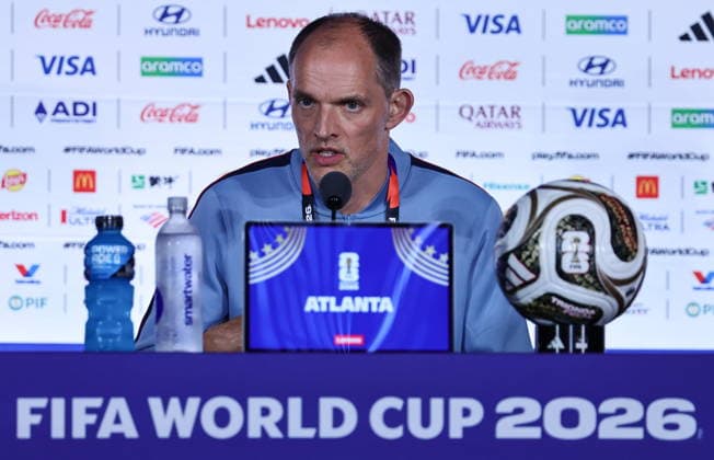 FIFA World Cup, WM, Weltmeisterschaft, Fussball 2026 - England press conference, PK, Pressekonferenz England™s head coach Thomas Tuchel gives a press conference in Atlanta, Georgia, USA, 14 July 2026. England will face Argentina on 15 July in thier FIFA World Cup 2026 semi final match. Atlanta United States  Copyright: xRONALDxWITTEKx
