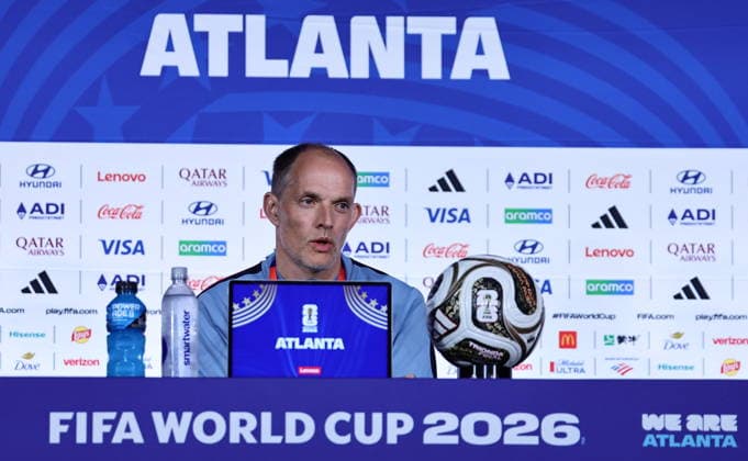 FIFA World Cup, WM, Weltmeisterschaft, Fussball 2026 - England press conference, PK, Pressekonferenz England™s head coach Thomas Tuchel gives a press conference in Atlanta, Georgia, USA, 14 July 2026. England will face Argentina on 15 July in thier FIFA World Cup 2026 semi final match. Atlanta United States  Copyright: xRONALDxWITTEKx