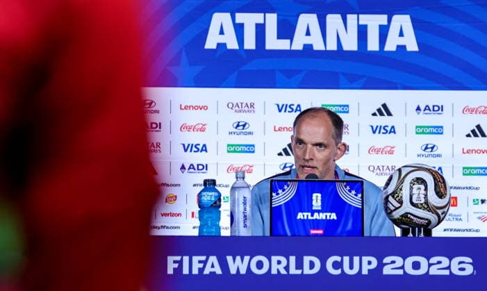 FIFA World Cup, WM, Weltmeisterschaft, Fussball 2026 - England press conference, PK, Pressekonferenz England™s head coach Thomas Tuchel gives a press conference in Atlanta, Georgia, USA, 14 July 2026. England will face Argentina on 15 July in thier FIFA World Cup 2026 semi final match. Atlanta United States  Copyright: xRONALDxWITTEKx