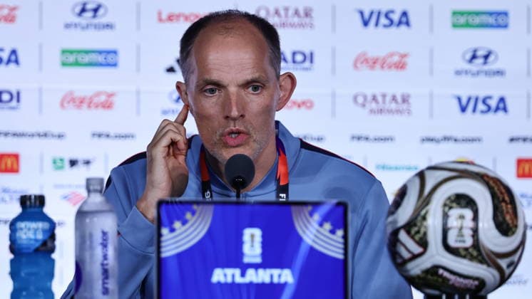 FIFA World Cup, WM, Weltmeisterschaft, Fussball 2026 - England press conference, PK, Pressekonferenz England™s head coach Thomas Tuchel gives a press conference in Atlanta, Georgia, USA, 14 July 2026. England will face Argentina on 15 July in thier FIFA World Cup 2026 semi final match. Atlanta United States  Copyright: xRONALDxWITTEKx