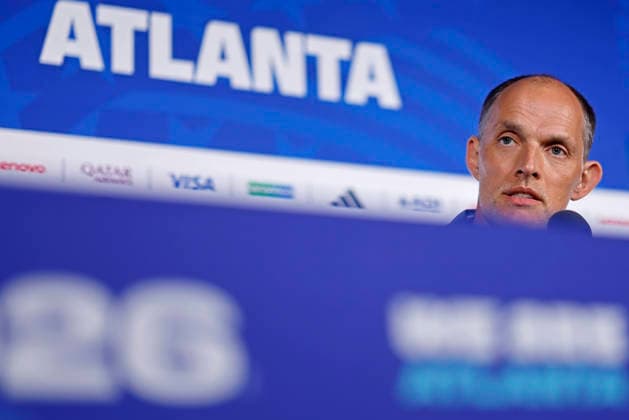 July 14, 2026, Atlanta, Georgia, United States: Thomas Tuchel, head coach of the England speaks during the press conference, PK, Pressekonferenz of England one day ahead of the FIFA World Cup, WM, Weltmeisterschaft, Fussball 2026 semifinal match between England and Argentina at Atlanta Stadium (Mercedes-Benz Stadium) in Atlanta, Georgia, United States on July 14, 2026. Photo: DiaEsportivo Atlanta United States - ZUMAh208 20260714_zsp_h208_003 Copyright: xHeulerxAndreyx