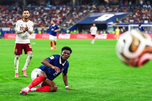 RECORD DATE NOT STATED FIFA World Cup, WM, Weltmeisterschaft, Fussball 2026 - Semifinal - France v Spain Alex Baena player of Spain, Jules Kounde and Aurelien Tchouameni players of France during the FIFA World Cup semifinal match between France and Spain, at Dallas Stadium, in Texas, United States, on Tuesday, July 14, 2026.(Foto: Vanessa Carvalho Brazil Photo Press IMAGO) Sports Copyright: xVanessaxCarvalhox