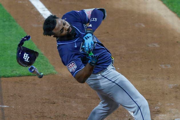 2026 Major League Baseball All Star game Tampa Bay Rays Junior Caminero is hit by a pitch from St. Louis Cardinals Riley O Brien during the third inning of the 2026 Major League Baseball All-Star Game at Citizens Bank Park in Philadelphia, Pennsylvania, USA, 14 July 2026. PHILADELPHIA PENNSYLVANIA USA  Copyright: xSTEVENxM.xFALKx