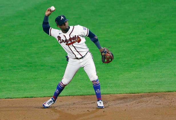 National League second baseman Ozzie Albies throws to first to put out American League Mike Trout in the second inning of the 2026 MLB, Baseball Herren, USA All-Star Game at Citizens Bank Park in Philadelphia, Pennsylvania, on Tuesday, July 14, 2026.  PHI20260714921 LAURENCExKESTERSON