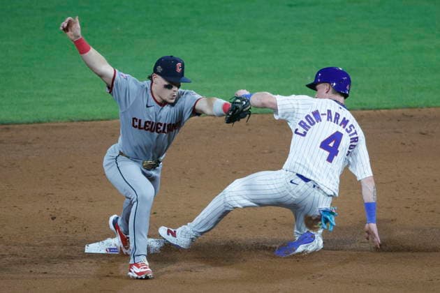 2026 Major League Baseball All Star game epaselect Cleveland™s Travis Bazzana (L) puts out Chicago s Pete Crow-Armstrong (R) at second base for the last out of the eighth inning of the 2026 Major League Baseball All-Star Game at Citizens Bank Park in Philadelphia, Pennsylvania, USA, 14 July 2026. PHILADELPHIA PENNSYLVANIA USA  Copyright: xSTEVENxM.xFALKx