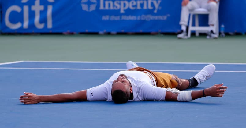 USA TENNIS CITI OPEN Citi Open tennis tournament epa07757140 Nick Kyrgios of Australia reacts after defeating Daniil Medvedev of Russia during the men s singles final match in the Citi Open tennis tournament at the Rock Creek Park Tennis Center in Washington, DC, USA, 04 August 2019. Washington, DC United States  Copyright: xERIKxS.xLESSERx