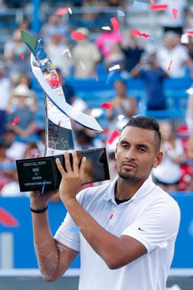 USA TENNIS CITI OPEN Citi Open tennis tournament epa07757159 Nick Kyrgios of Australia holds the winner s trophy after defeating Daniil Medvedev of Russia during the men s singles final match in the Citi Open tennis tournament at the Rock Creek Park Tennis Center in Washington, DC, USA, 04 August 2019. Washington, DC United States  Copyright: xERIKxS.xLESSERx
