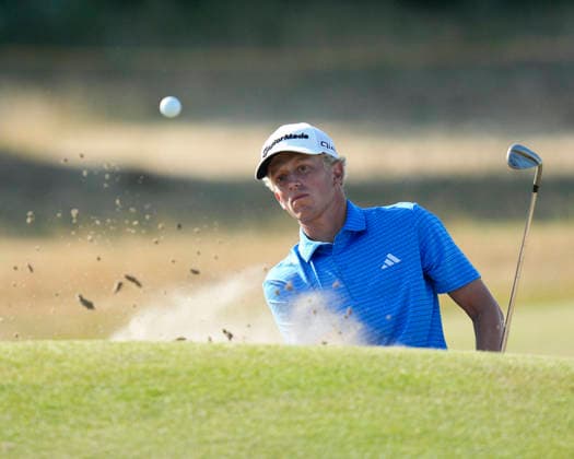 SOUTHPORT, ENGLAND - JULY 15: Martin Couvre (FRA) plays from a green side bunker on the 4th hole during practice at the 154th Open Championship at the Royal Birkdale Golf Club, Southport on July 15, 2026 in Merseyside, England The 154th British Open Championship