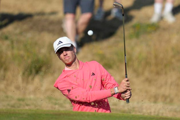 SOUTHPORT, ENGLAND - JULY 15: Tiger Christensen (GER) plays from a green side bunker on the 4th hole during practice at the 154th Open Championship at the Royal Birkdale Golf Club, Southport on July 15, 2026 in Merseyside, England The 154th British Open Championship