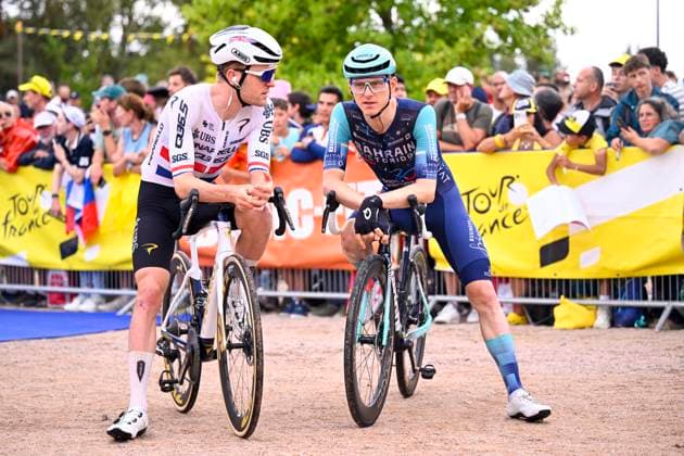 Tour de France 2026 Stage 11 NEVERS, FRANCE - JULY 15 : Wright Fred (GBR) of Pinarello - Q36.5 Pro Cycling Team and Stannard Robert (AUS) of Bahrain - Victorious before the start of the race during stage 11 of the 113rd edition of Tour de France an UCI World Tour 2.UWT cycling road race stage for Men Elite of 161 km with start in Vichy and finish in Nevers on July 15, 2026 in Nevers, France, 15 07 2026 Nevers France  Copyright: xTomasxSiskx