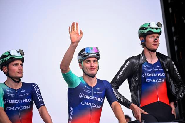 Tour de France 2026 Stage 11 NEVERS, FRANCE - JULY 15 : Kooij Olav (NED) of Decathlon CMA CGM Team on the podium before the start of race during stage 11 of the 113rd edition of Tour de France an UCI World Tour 2.UWT cycling road race stage for Men Elite of 161 km with start in Vichy and finish in Nevers on July 15, 2026 in Nevers, France, 15 07 2026 Nevers France  Copyright: xTomasxSiskx