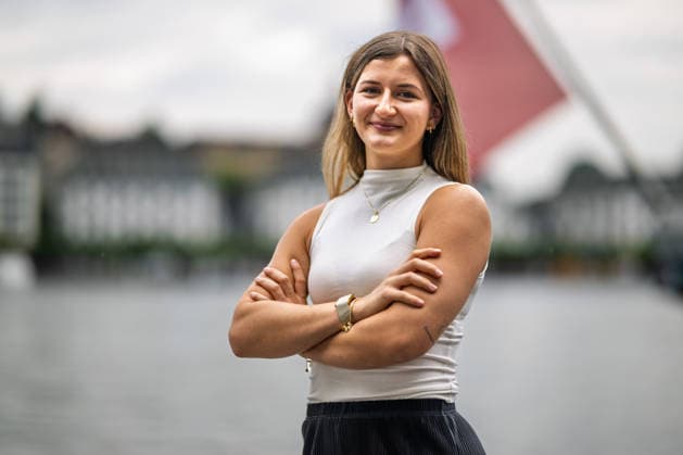 LUCERNE, SWITZERLAND - JULY 15: Swiss national javelin record holder Leonie Hügli poses for pictures at Lake Lucerne ahead of the Spitzenleichtathletik Luzern on July 15, 2026 in Lucerne, Switzerland. Lucerne Switzerland Copyright: xBEAUTIFULxSPORTS TobiasxLacknerx